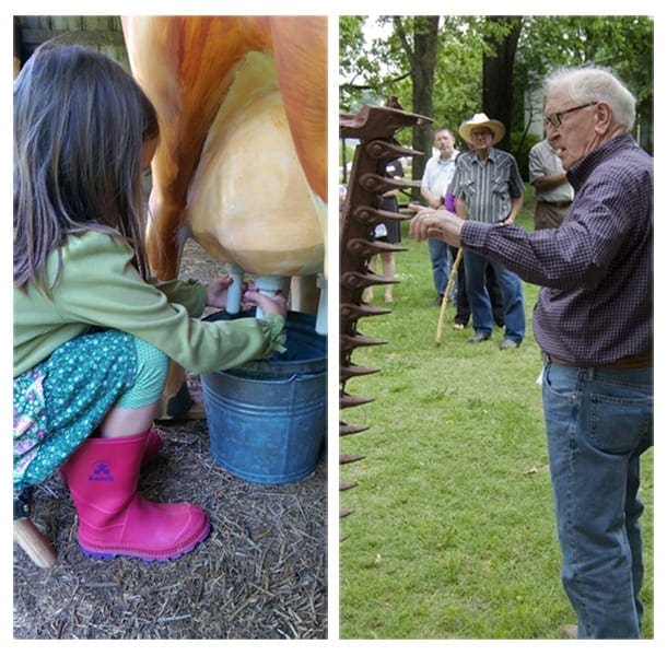 In this split image, a young girl milks a cow on the left side of the photo, while an older man examines antique farming equipment on the right. 