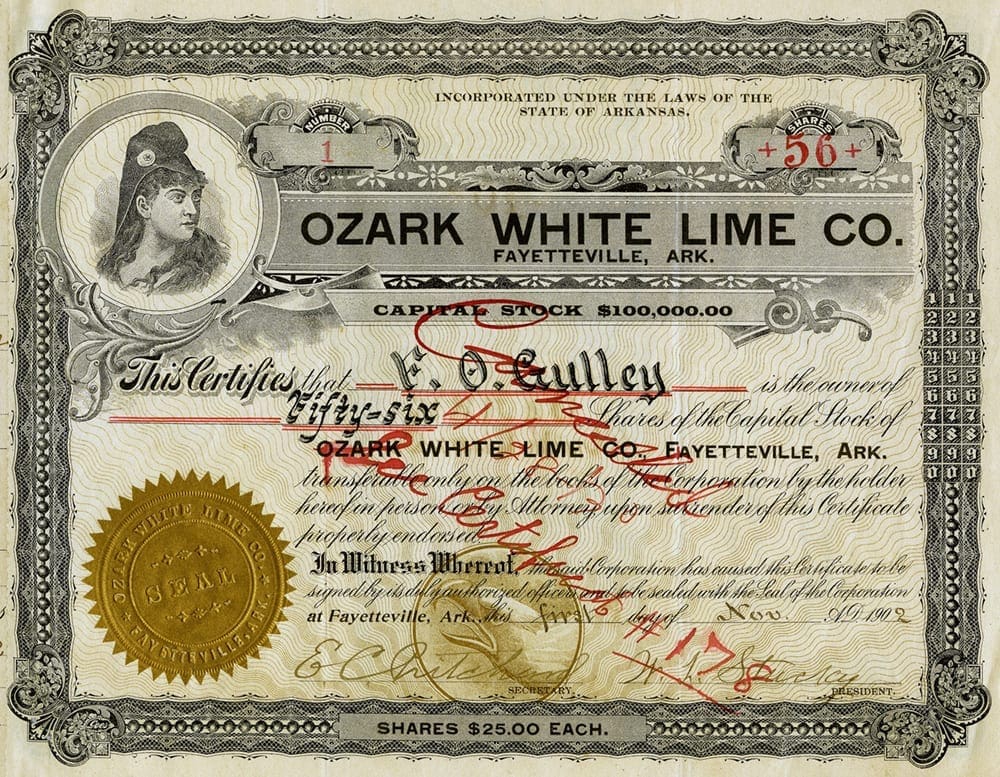 Ozark White Lime Company stock certificate #1, made out to Frank O. Gulley Ozark White Lime vice-president, November 1, 1902. 