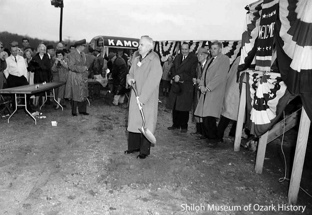 U. S. Representative James W. Trimble at the groundbreaking for Beaver Dam, November 22, 1960.  The men to his right are, from left: Governor Orval E. Faubus, Clarence Byrnes, and Joe Robinson, president of the Beaver Dam Association.