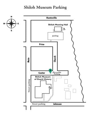 black and white outline of map of Shiloh Museum grounds. Markings show street and accessible parking