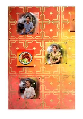 A collage featuring separate photographs of two females and a male over orange paper with a gold design and an image of a plate of food.