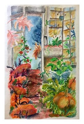 Watercolor painting featuring various plant life along a path in front of a doorway, in a window box, and tomatoes growing up a stake in the background.