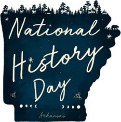 Outline of state of Arkansas with the top edge lined with trees. Text in cursive across the state says National History Day and Arkansas