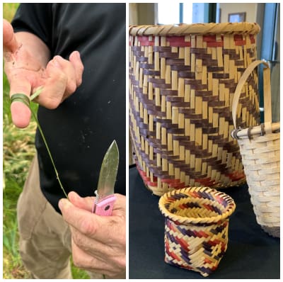 Two-image collage featuring a photograph of green plant fiber wrapped around a person’s right index finger pulled by their left hand while clutching a pocketknife and another of woven baskets, two with beige and maroon designs woven into the tan weaves.