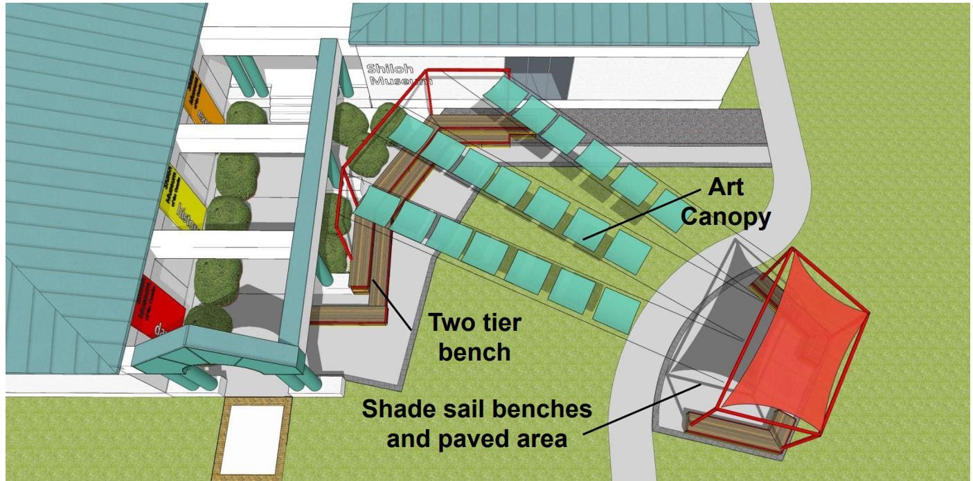 Drawing of curved wooden bench facing a stage area. Poles in red hold cables with squares connected to a large shade canopy over stage.