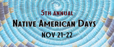 A close up view of a blue and yellow woven basket with the words “5th Annual Native America Days, NOV 21-22” over it.