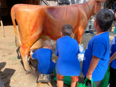 The backside of children in blue T-shirts crouch down in front of a life-size, artificial cow while one milks it in a simulation as the other two watch.