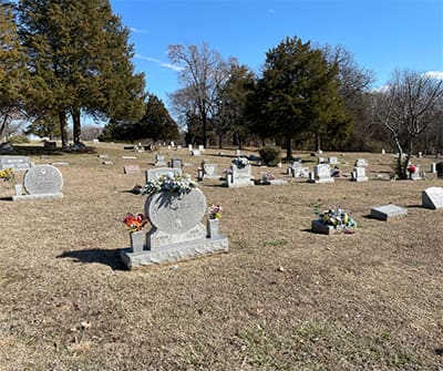 Photo of a cemetery with headstones in the foreground and trees and blue sky behind them.