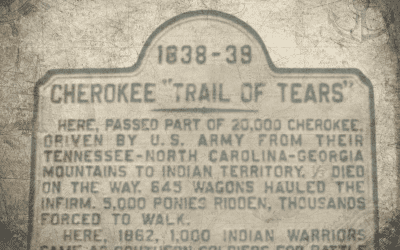 Sepia-toned image featuring a Cherokee Trail of Tears roadside marker in front of a faded map.