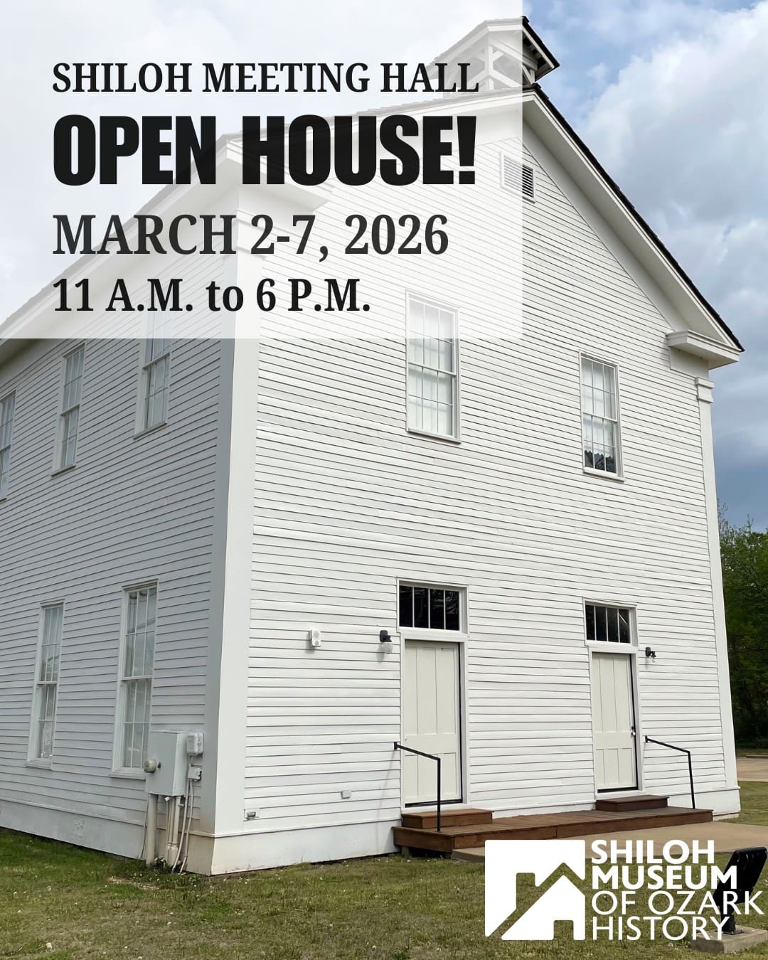 🏚️ What is that big white building on Huntsville Avenue in Springdale? You’ll have your chance to find out! The Shiloh Meeting Hall is having an open house from 11 a.m. to 6 p.m. Monday, March 2, through Saturday, March 7! Check it out! Free!

https://shilohmuseum.org/event/shiloh-meeting-hall-open-house/2026-03-02/

#ShilohMeetingHall #DowntownSpringdale #ArkansasOzarks #OzarkHistory
