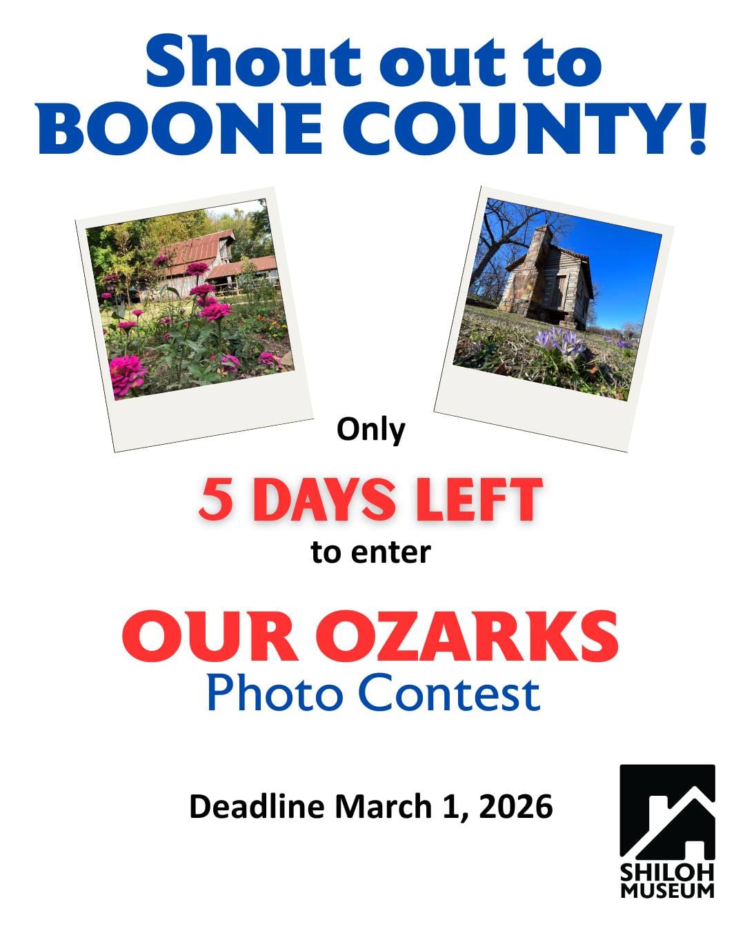 🌟 Boone County, where are you? 📸 We’ve seen some great shots from the city, but we know the real heart of the Ozarks is in places like the Harrison Square, the Buffalo River bluffs at Pruitt, and the quiet backroads of Alpena.
We’re only 5 days away from the deadline for our "Our Ozarks" photo contest, and we want to make sure Boone County is fully represented in our July 2026 "America 250" exhibit!
Whether it’s a shot of the historic Lyric Theater, a foggy morning on Crooked Creek, or just a beautiful sunset over your own farm, we want to see it.
🌟Tag the best photographer you know in Boone County below! 🌟 Let’s make sure Harrison and the surrounding areas take one of the top spots. Details in first link of the comments section. 👇
#BooneCountyArkansas #HarrisonArkansas #AlpenaArkansas #OurOzarks