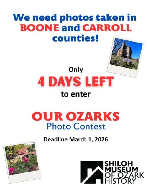📷 What are the most photogenic places in Eureka Springs, Harrison, Berryville? We need those photos! 

Our Ozarks photo contest deadline is 🗓️ March 1. Top three entry win 🏆 prizes! Top 4 entries of photos taken in Benton, Boone, Carroll, Madison, Newton and Washington counties will be featured in an 🖼️ exhibit at Shiloh this summer!

Not a photographer? Please tag someone who is!

🔗 Link in comments.

#EurekaSprings #HarrisonAR #BerryvilleAR #ArkansasOzarks