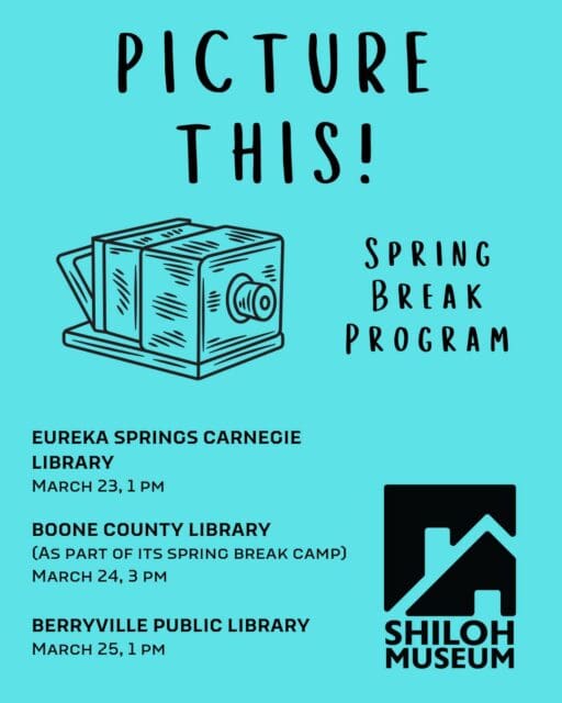 Looking for a "picture-perfect" Spring Break activity? The Shiloh Museum is hitting the road and heading to Carroll and Boone counties for a hands-on history adventure!

Join us for a deep dive into the magic of 19th-century science with Picture This! We’re exploring the mystery of the Camera Obscura (the "dark room") and showing how a simple box and a tiny pinhole paved the way for the smartphones in our pockets today.

The Best Part: Every participant will build their very own DIY Pinhole Camera to take home!

📍 Catch us at your local library:
•	EUREKA SPRINGS | Monday, March 23 | 2:00 – 3:00 PM 🏠 Carnegie Library Meeting Room 1
•	HARRISON | Tuesday, March 24 | 3:00 – 4:00 PM 🏠 Boone County Library
•	BERRYVILLE | Wednesday, March 25 | 1:00 – 2:00 PM 🏠 Berryville Public Library (Ages 9-12; part of Spring Break Camp!)

Admission is FREE! Come help us bring Ozark history to life through the lens of a pinhole.

🔗 Full details on our events page: https://shilohmuseum.org/events/.

#EurekaSprings #HarrisonAR #BerryvilleAR #OzarkHistory #PinholeCamera