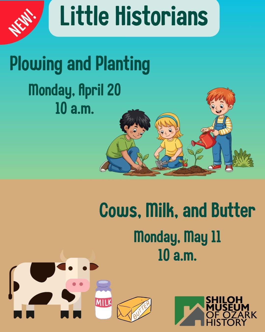 History is better when you can touch it! 🖐️📜

Introducing Little Historians, our brand-new monthly series for ages 4–6. We’re kicking things off with Plowing and Planting, an interactive exploration of how the early Ozarks grew to be what they are today.

Why you’ll love it: ✨ Storytime that sparks imagination ✨ Real artifacts you can actually see up close ✨ Hands-on activities for tiny hands ✨ NO REGISTRATION – perfect for busy schedules!

📍 Join us in the Meeting Room!

🗓️ Upcoming: Don’t miss Cows, Milk, and Butter on Monday, May 11! We’ll be practicing our milking skills with a very special guest (our painted milk cow! 🐄).

Tap the SAVE ribbon 🚩 to keep these dates on your radar for your next morning outing!

#NWAKids #HomeschoolArkansas #SpringdaleArkansas #LittleHistorians #OzarkHistory