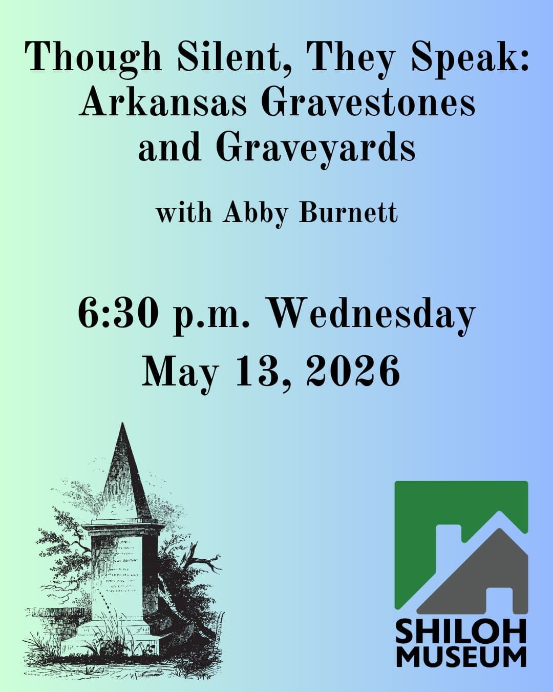 What do Arkansas gravestones tell us about the living? ✨

Join us for a Not Strictly History session with author Abby Burnett. We’re diving into her new book, Though Silent They Speak, to explore the stories behind the state’s most unusual burial grounds, from hidden rural carvings to the monuments of our city centers.

Whether it’s a graveyard on the grounds of a former internment camp or private tombs in public spaces, these sites hold our history.

Details:
📅 May 13
⏰ 6:30 p.m.
📍 In-person + Live on Zoom
✍️ Book sale and signing to follow!

How to join: Copy and paste the link in the first comment below 👇) to register for the Zoom link or see event details!

#ArkansasHistory #OzarkHistory #ArkansasGraveyards
