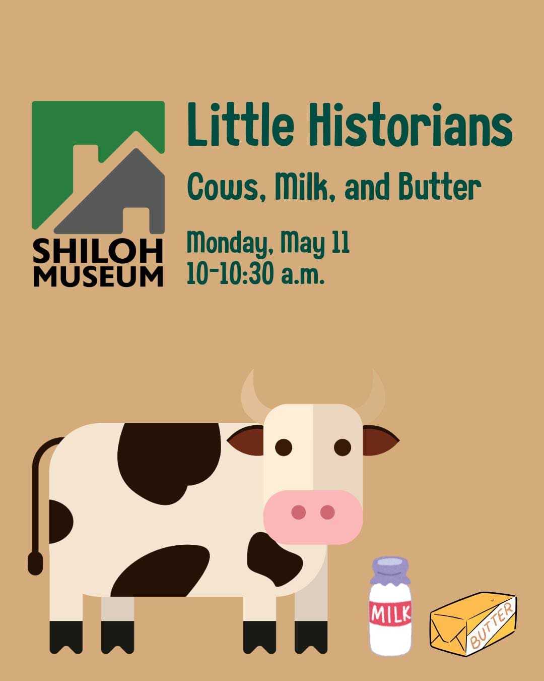 Moo-ve on over! 🐮 Our Little Historians series returns Monday, May 11 (10:00–10:30 AM) with "Cows, Milk, and Butter!"

This program is designed specifically for Pre-K explorers (ages 4–6) to dive into the life science of cows and the history of Ozark dairy. 🥛✨

What to expect: 📖 An engaging farm-themed storytime. 🔍 Hands-on access to authentic museum artifacts. 🐄 A chance to practice milking with "Buttercup," our favorite painted milk cow!

Cost: FREE Registration: None required—just show up and play!
#LittleHistorians #ShilohMuseum #OzarkHistory #SpringdaleAR
