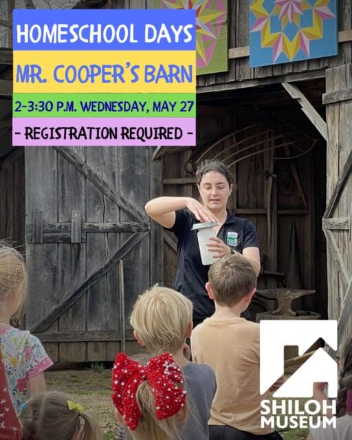Step back in time to the 1930s! 🌾 Join us for our first Homeschool Day of 2026 on Wednesday, May 27.
From individual families to small groups, all are welcome to explore the grit and resilience of the Ozarks during the Great Depression. Students will visit Mr. Cooper’s Barn and the Steele General Store for a day of immersive, hands-on learning.

✨ Highlights:

•	Explore 1930s farm life through tactile activities.
•	Practice the art of bartering in a historic general store.
•	Discover how "Alphabet Agencies" and electricity transformed the hills.

🎟 Cost: FREE 👥 Limit: 75 participants 🔗 To Register: Tap the link in our bio!

#ArkansasHomeschool #OzarkHistory #SpringdaleAR #ShilohMuseum
