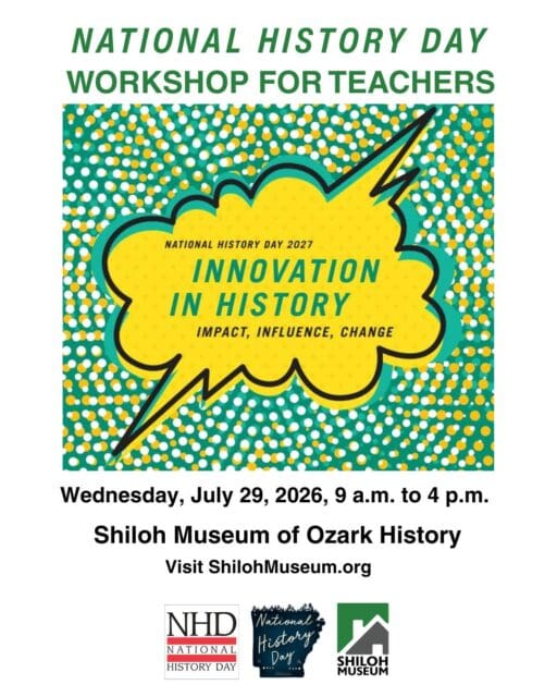 Teachers: Level up your classroom game! 🚀
Join us Wednesday, July 29, for a deep dive into National History Day! Whether your students are into filmmaking, web design, or acting, NHD gives them a platform to shine while building elite research skills.
The Details: 🗓 July 29 | 9 AM - 4 PM 📍 Shiloh Museum of Ozark History 🎓 6 Hours of PD Credit 🍱 Lunch is on us!
You’ll get an exclusive preview of the 2027 theme and a guided tour of our latest exhibits. This workshop is FREE, but we have limited seats.
Tap the link in our bio to register! 🔗
#ArkansasTeachers #NationalHistoryDay #fayarpublicschools #springdaleschools #elkinselkprimary #farmcardsar #greenlandschooldistrict #prairiegroveelementaryschool #bentonvilleschools #east_gentrypublicschools #pearidgesd #sssdpanthers #gravetteschooldistrict #rogersschools #wfschools
