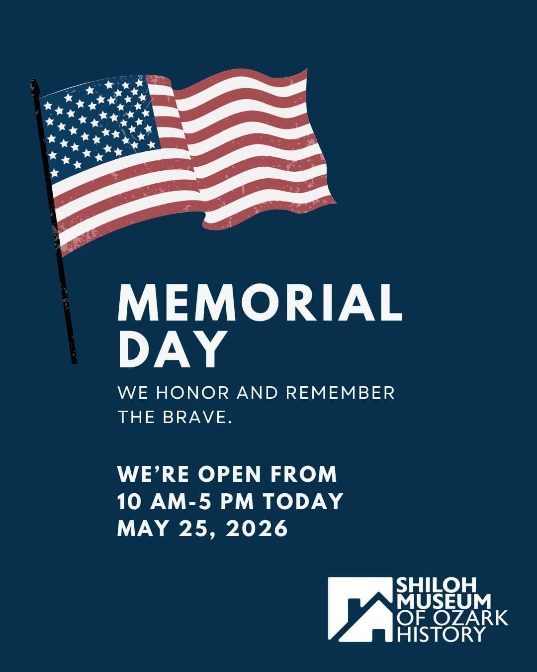 We are OPEN today for Memorial Day! β€οΈπ€π
If you're looking for a relaxing, meaningful holiday activity, come see us! Our exhibit hall and six historic shaded acres are open during our regular hours today from 10 AM to 5 PM.
Bring the family by to explore Ozark culture and history, tour our historic buildings, or enjoy a picnic on the museum grounds. π§Ίπͺ΅
ποΈ Admission is always free!
#ShilohMuseum #DowntownSpringdale #MemorialDay #OzarkHistory