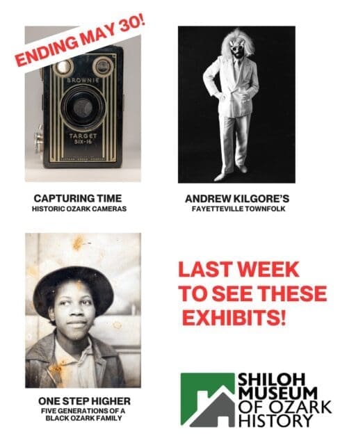 Don't miss out! ⏳ This is the FINAL WEEK to catch three of our special exhibits before they close on Saturday, May 30, 2026. Make sure to stop by and experience:
📸 Andrew Kilgore's Fayetteville Townfolk – Celebrated portraits capturing the spirit and diversity of our community.
🎞️ Capturing Time: Historic Ozark Cameras – A look at the vintage cameras that documented early Ozark life.
✨ One Step Higher: Five Generations of a Black Ozark Family – A powerful story of local history and culture.
Stay tuned for Our Changing Ozarks exhibit, which will open in the next few weeks.
Plan a visit to downtown Springdale this week to see them before they’re gone! Admission is always free.
#OzarkHistory #AndrewKilgore #BlackHistory #FayettevilleAR #SpringdaleAR