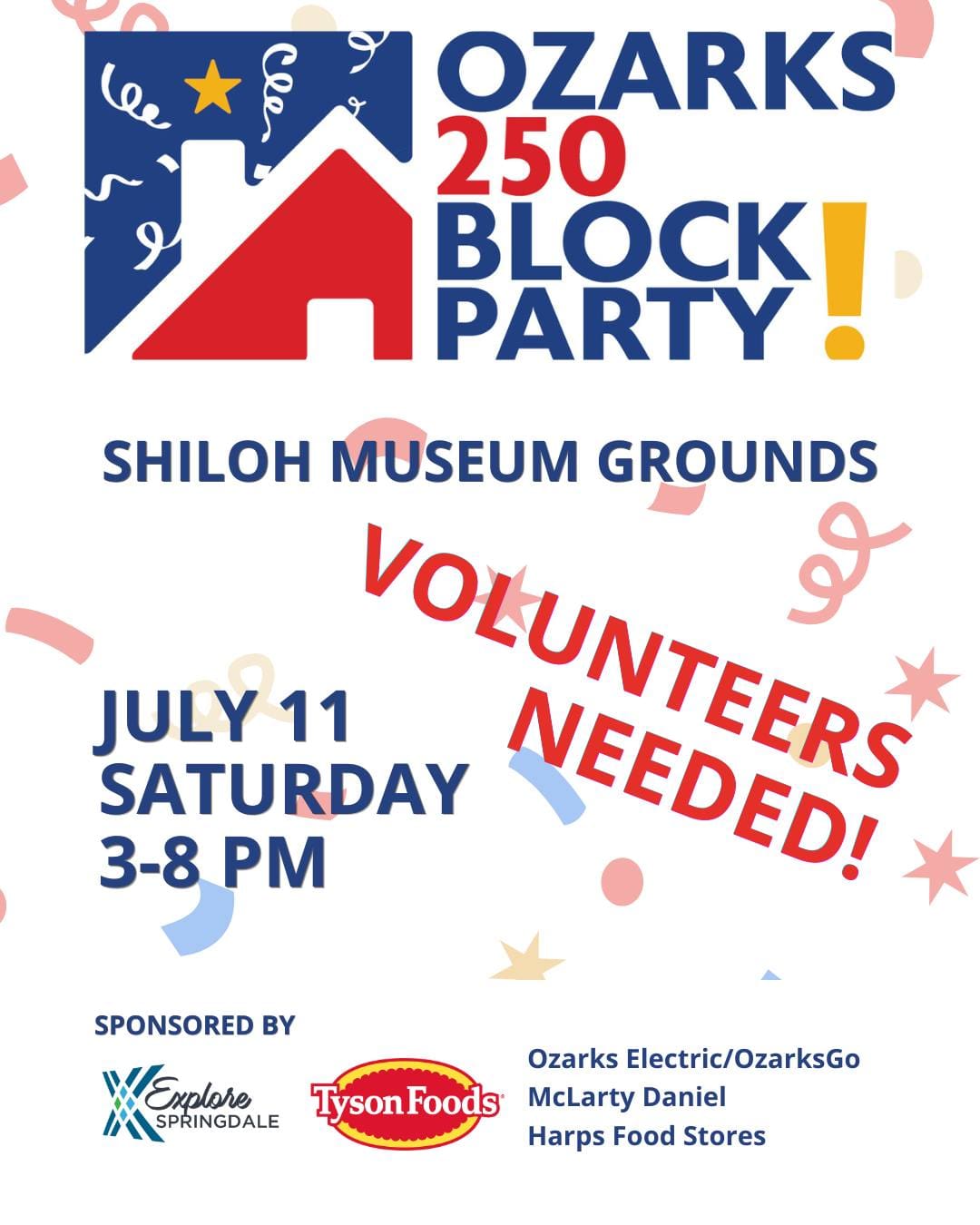 Want a free t-shirt, free snacks, and the best seat in the house? π
We need volunteers to help us bring the Ozarks 250 Block Party to life on Saturday, July 11 (3β8 PM)! Come help our community celebrate Americaβs 250th birthday with live music, dance performances, food trucks, demos, and the debut of our new exhibit, Our Changing Landscape.
The Perks: π Short, easy shifts (only 2 to 4 hours!) π Free exclusive event T-shirt πΏ Complimentary snacks to keep you fueled π An up-front seat to all the festival fun!
Whether you want to greet guests, help with activities, or be right in the middle of the action, we have a spot for you.
π Click the link in our bio to view shift times and grab your spot on the crew!
Thank you to our sponsors!
@explorespringdale @tysonfoods @ozarkselectric @ozarksgo @mclartydanielautomotive @harpsfoodstores
#ShilohMuseum #DowntownSpringdale #Ozarks250 #SpringdaleAR #OzarkHistory