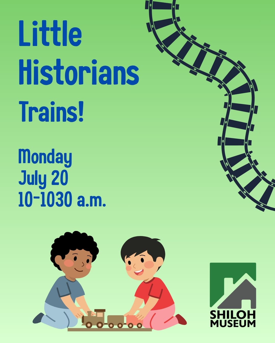 All aboard for Little Historians! 🚂✨

Bring your favorite little engineer to the museum at 10 a.m. Monday, July 20, for a special program introducing pre-kindergarten students to the iron horses of the past! We’ll discover how trains helped shape the Ozarks through tactile sensory play and real artifacts. 🔍🪵

Conductor-Led Activities: 📖 Interactive Storytime: A railway-themed book that brings history to life. 💨 Movement: A "train in motion" activity to help little ones burn off some steam! 🎨 Creative Craft: A fun train project to build and take home.

📍 Location: Meets at the Steele General Store on the museum grounds. Please arrive a few minutes early to get settled before we pull out of the station! 🗺️

Tag a parent, grandparent, or caregiver who has a toddler obsessed with trains! 👇

#ShilohMuseum #DowntownSpringdale #LittleHistorians #SpringdaleAR