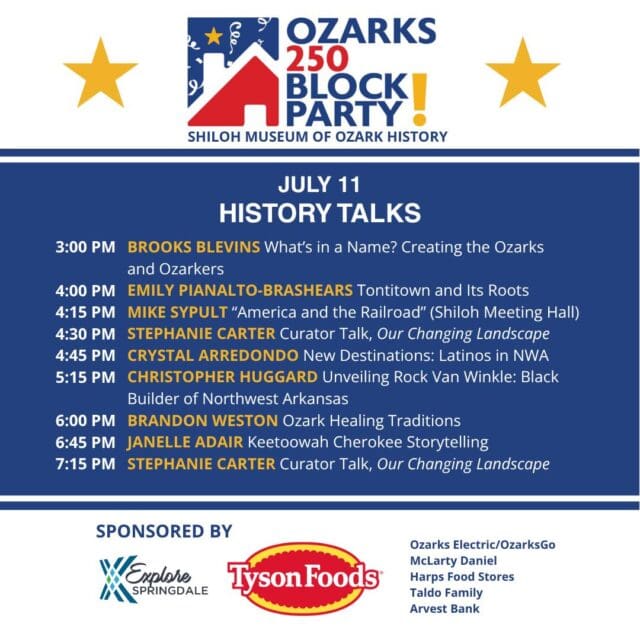 A once-in-a-lifetime celebration is coming to downtown Springdale!
Mark your calendars for the Ozarks 250 Block Party on Saturday, July 11, from 3 to 8 p.m.! Weโre celebrating Americaโs 250th birthday by filling the entire block with music, dancers, fascinating historical presentations, and interactive activities from tons of Northwest Arkansas organizations! ๐
We are also officially debuting our latest exhibit, Our Changing Landscape. ๐ผ๏ธ
The absolute best part? Itโs completely FREE to attend! ๐๏ธ
Tag the friends you want to bring along and keep an eye on our feed as we reveal the full performer and activity lineup! ๐
Thank you to our sponsors!
@explorespringdale @tysonfoods @ozarkselectric @ozarksgo @mclartydanielautomotive @harpsfoodstores Taldo Family @arvestbank
#DowntownSpringdale #Ozarks250 #SpringdaleAR #OzarkHistory
