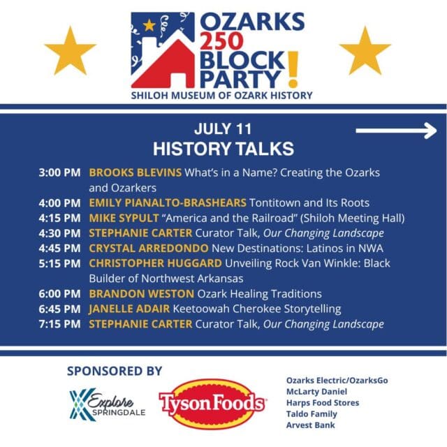 Calling all history buffs! πβ¨ Here is the official presentation schedule for the Ozarks 250 Block Party on Saturday, July 11!
We are celebrating Americaβs 250th birthday by diving deep into the incredible stories, people, and traditions that shape the Arkansas Ozarks. Swipe or save this post to plan your afternoon:
π§ 3:00 PM | Brooks Blevins: βWhatβs in a Name? Creating the Ozarks and Ozarkersβ
π 4:00 PM | Emily Pianalto-Beshears: βTontitown and its Rootsβ
πΌοΈ 4:30 PM | Stephanie Carter: Curator talk on our new exhibit, Our Changing Landscape
π 4:45 PM | Crystal Arredondo: βNew Destinations: Latinos in Northwest Arkansasβ
π§± 5:15 PM | Christopher Huggard: βUnveiling Rock Van Winkle: Black Builder of NWAβ
πΏ 6:00 PM | Brandon Weston (@ozarkhealingtraditions): βOzark Healing Traditionsβ
π₯ 6:45 PM | Janelle Adair: Keetoowah Cherokee Storytelling
πΌοΈ 7:15 PM | Stephanie Carter: Curator talk on Our Changing Landscape (Encore)
ποΈ Admission: Completely FREE!
π Where: Shiloh Museum grounds, Downtown Springdale
Which presentation are you adding to your calendar? Let us know below! π
#ShilohMuseum #DowntownSpringdale # #Ozarks250 #OzarkHistory