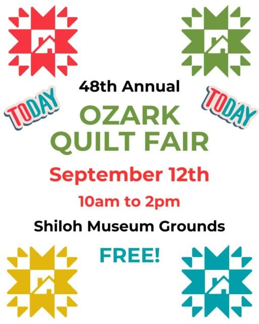 Today's the day! 🧵✨ The 48th Annual Ozark Quilt Fair is happening from 10 am to 2 pm on the Shiloh Museum grounds in Springdale! Bring the whole family for a FREE day of live music, quilt-themed crafts, a scavenger hunt, and beautiful quilts.

Today's Schedule:

•	10:30 AM: Shiloh Old Time Pickers
•	11:30 AM: "Quilting in the Ozarks" presentation with Historian Rachel Whitaker
•	12:00 PM: Mountain Alice
•	2:00 PM: Viewers’ Choice Awards (Cash prizes for new and antique categories!)

There is no rain date, so check back here or call 479-750-8165 for weather updates! Link in bio for details. 📍
#OzarkQuiltFair #ShilohMuseum #SpringdaleAR #OzarkHistory