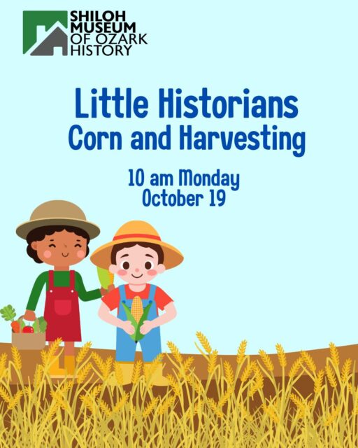🌽 Calling on children ages 3 to 5 and their caregivers! Our next Little Historians session will take place from 10 to 10:30 a.m. Monday, October 19. We’ll learn about Native American culture and corn harvesting through a story and a close-up look at our artifacts, and we’ll also try our hand at grinding corn! No registration is required. Come join us!

#ShilohMuseum #LittleHistorians #NativeAmericanHistory #ArkansasOzarks