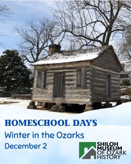 📓Join us for our next Homeschool Days with Winter in the Ozarks on Wednesday, December 2! We welcome all individuals and small homeschooling groups to explore how people experienced winter in the Ozarks through the ages. Step inside an 1854 log cabin and see a Dutch oven cooking demonstration. Explore the Shiloh Museum’s exhibits and watch a 19th-century magic lantern project hand-painted slides of winter scenes from the past. The program is intended for grades K-4th but all are welcome for this free event.
Registration is required.
For details, visit our website.
#Homeschool #ArkansasOzarks #ShilohMuseum