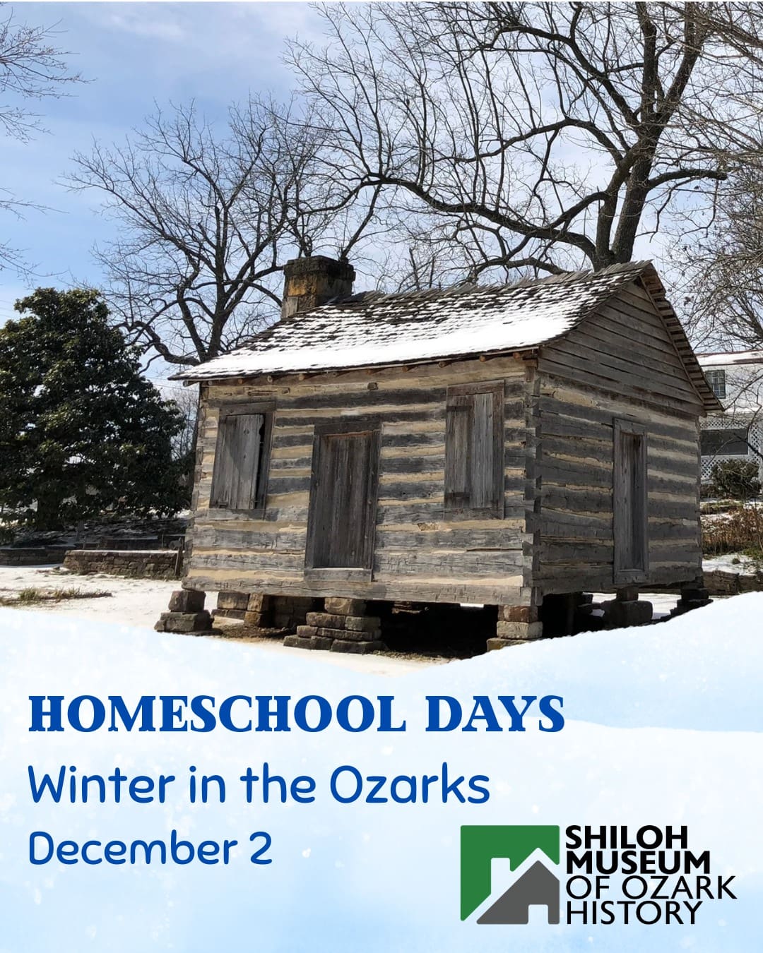 📓Join us for our next Homeschool Days with Winter in the Ozarks on Wednesday, December 2! We welcome all individuals and small homeschooling groups to explore how people experienced winter in the Ozarks through the ages. Step inside an 1854 log cabin and see a Dutch oven cooking demonstration. Explore the Shiloh Museum’s exhibits and watch a 19th-century magic lantern project hand-painted slides of winter scenes from the past. The program is intended for grades K-4th but all are welcome for this free event.
Registration is required.
For details, visit our website.
#Homeschool #ArkansasOzarks #ShilohMuseum