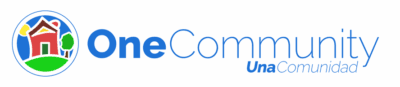 Logo with a colorful house, trees, and sun in a circle on the left. Text reads "One Community" and "Una Comunidad" in blue, conveying unity.