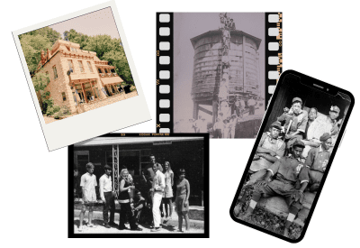 A collage of four vintage photos: a historic building, people climbing a water tower, a group posing outdoors, and individuals in baseball uniforms smiling.