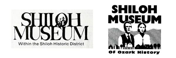 Two logos for Shiloh Museum. Left: Elegant text with "Within the Shiloh Historic District" below. Right: Stylized couple, rural scene, "Of Ozark History."