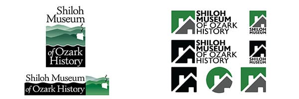Logos for Shiloh Museum of Ozark History. Left: layered hills in green with black text. Right: various logo designs, green and black with house silhouette.