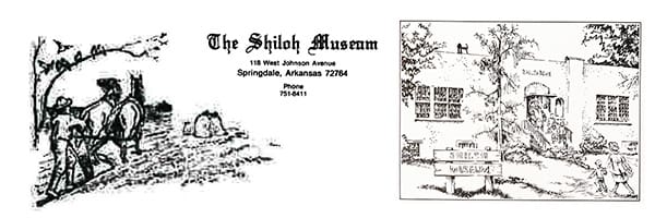 An illustrated scene features a person plowing with a horse on the left. In the center, text reads "The Shiloh Museum" with an address. On the right, a sketch depicts the museum building surrounded by trees, creating a historical and serene atmosphere.