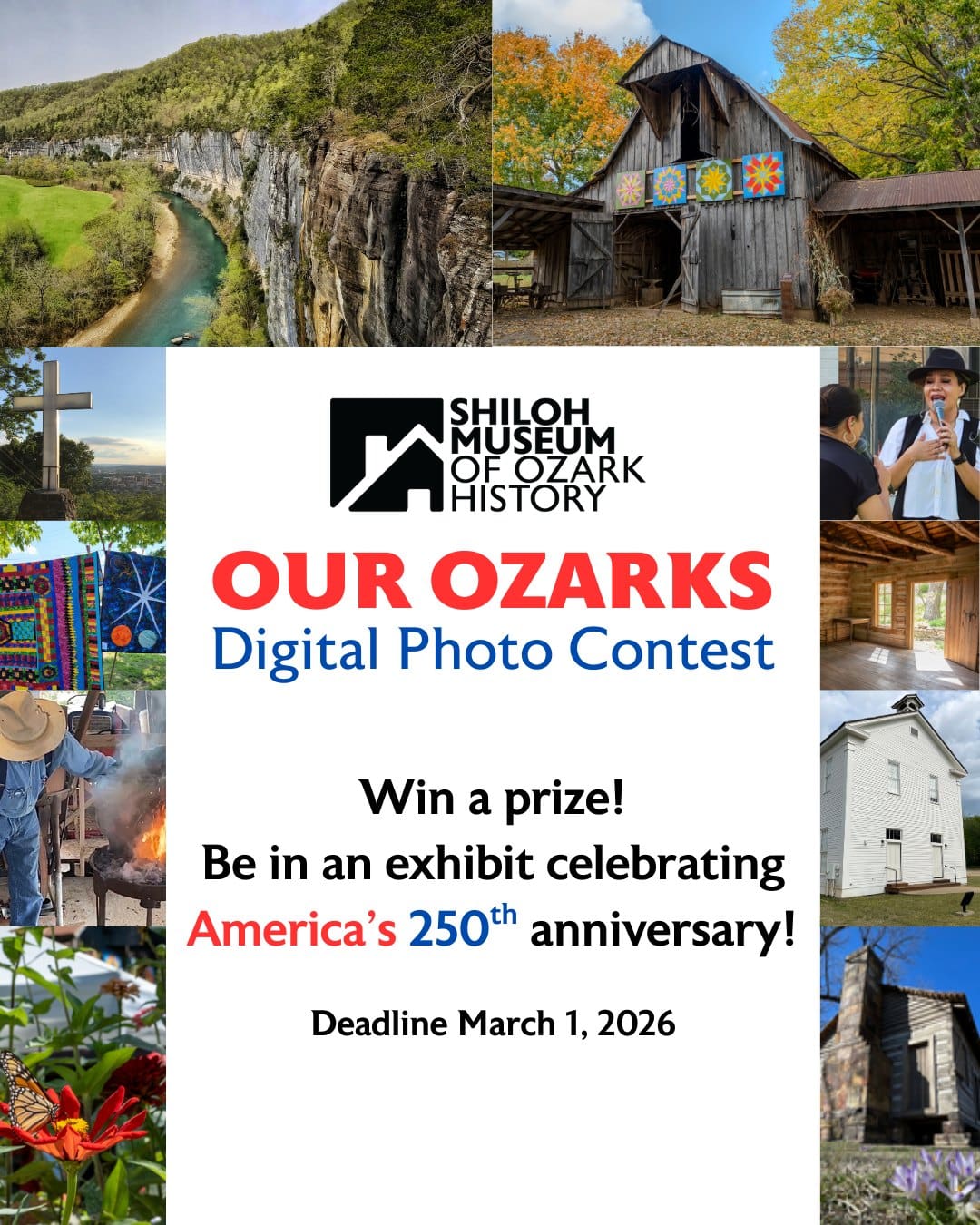 🎉 Celebrate America 250 through your lens! 📸 Enter Our Ozarks, the Shiloh Museum’s digital photo contest, open January 1–March 1, 2026. Capture everyday life in the 🌄 Ozarks for a chance to win prizes and be featured in a summer exhibit.

👉 shilohmuseum.org/photo-contest-2026/

#OurOzarks #PhotoContest #America250 #OzarkHistory #ArkansasOzarks