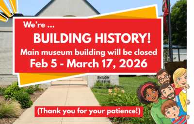 Illustration of a museum with text announcing closure for renovations, Feb 5 - Mar 17, 2026. Diverse cartoon characters appear on the right.