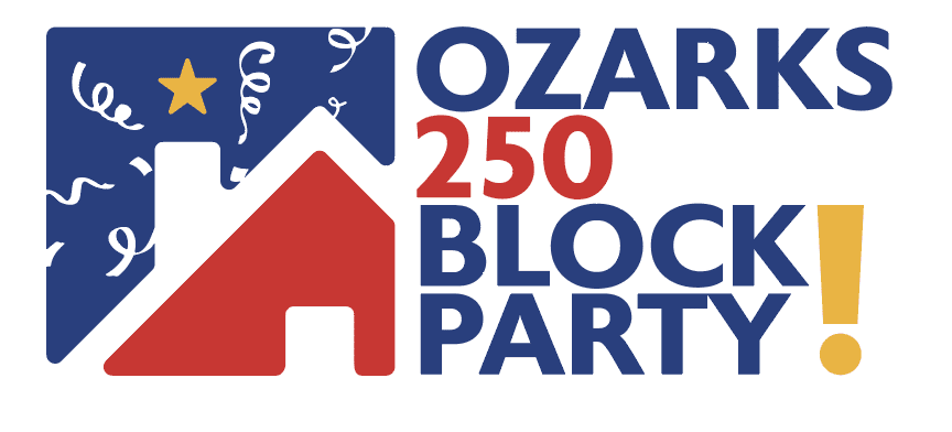 Quilted pattern in background with quilt star patterns in many colors around the edges. Text in center says 45th Annual Ozark Quilt Fair in orange and green.