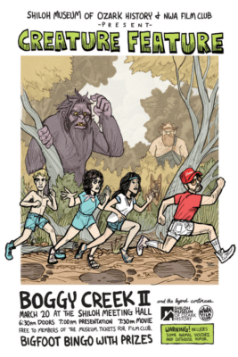 Cartoon poster for “Creature Feature” by Shiloh Museum. Four people run from a purple Bigfoot in a forest. Text details a screening of "Boggy Creek II."