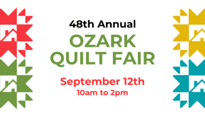 Colorful quilt patterns border '48th Annual Ozark Quilt Fair, September 12th, 10am to 2pm' in bold text on a white background.