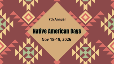 Promotional web banner for the 7th Annual Native American Days, taking place Nov 18-19, 2026. The text is centered inside a beige diamond frame, set against a background of intricate geometric textile patterns in shades of maroon, coral, yellow, and sage green.