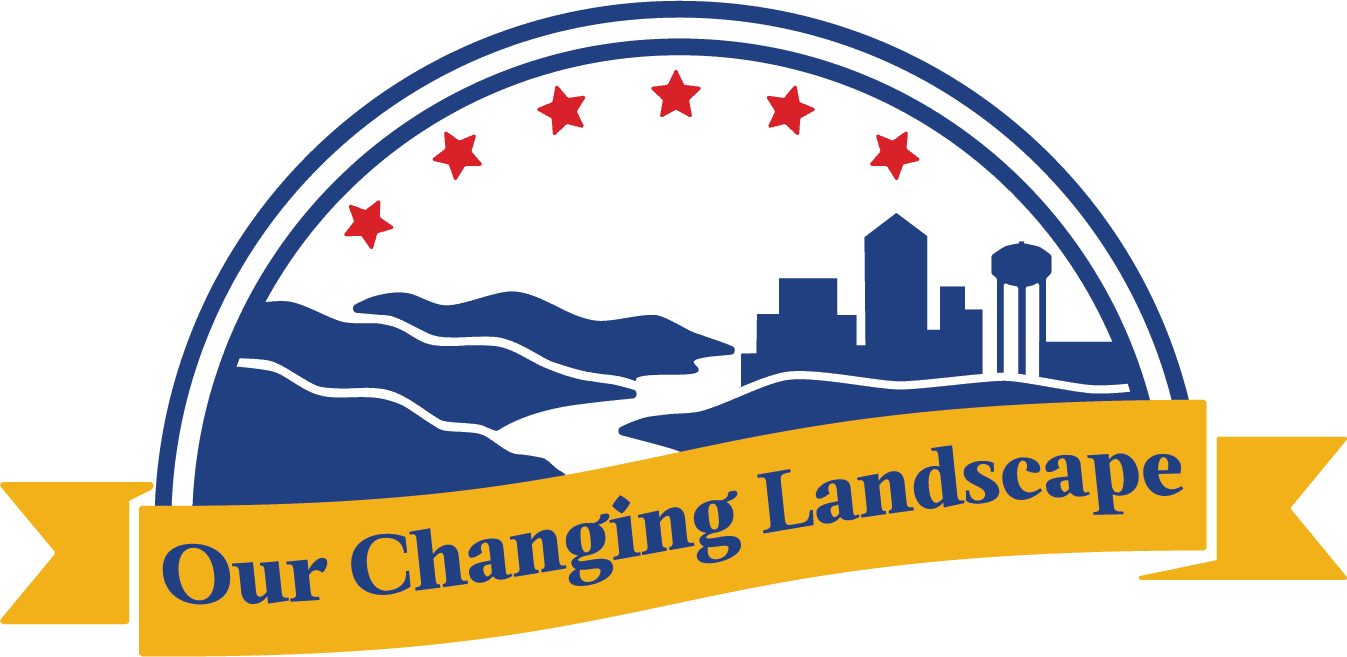Logo features a city skyline with mountains and river, six red stars overhead. A yellow banner below reads "Our Changing Landscape."