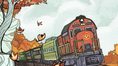 Drawing of a train on the rails with fall foliage and a tree over it with falling leaves.